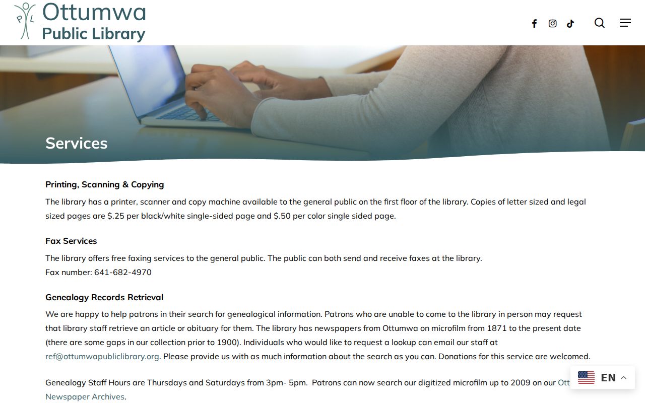 Ottumwa Public Library genealogy and newspaper services for historical residents