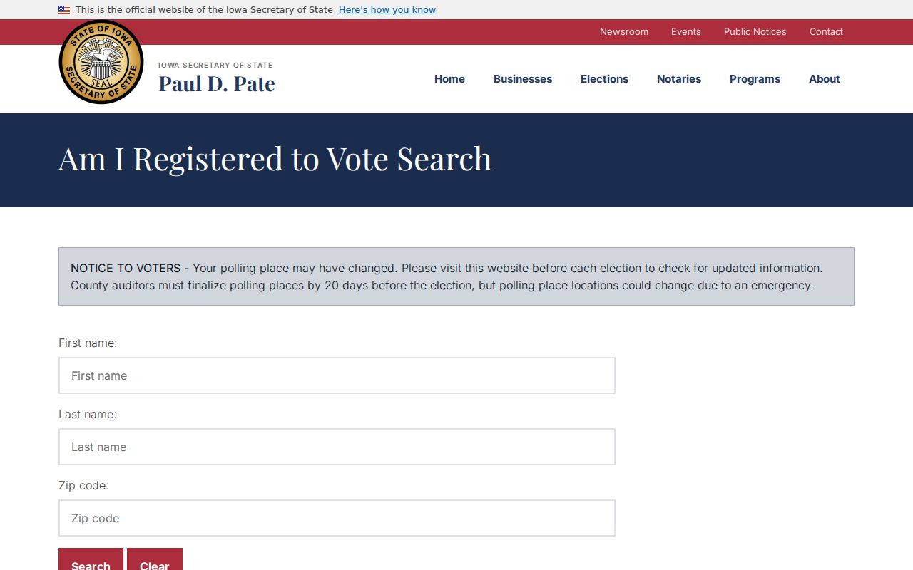 Iowa voter registration lookup fields used for an Ottumwa voter check